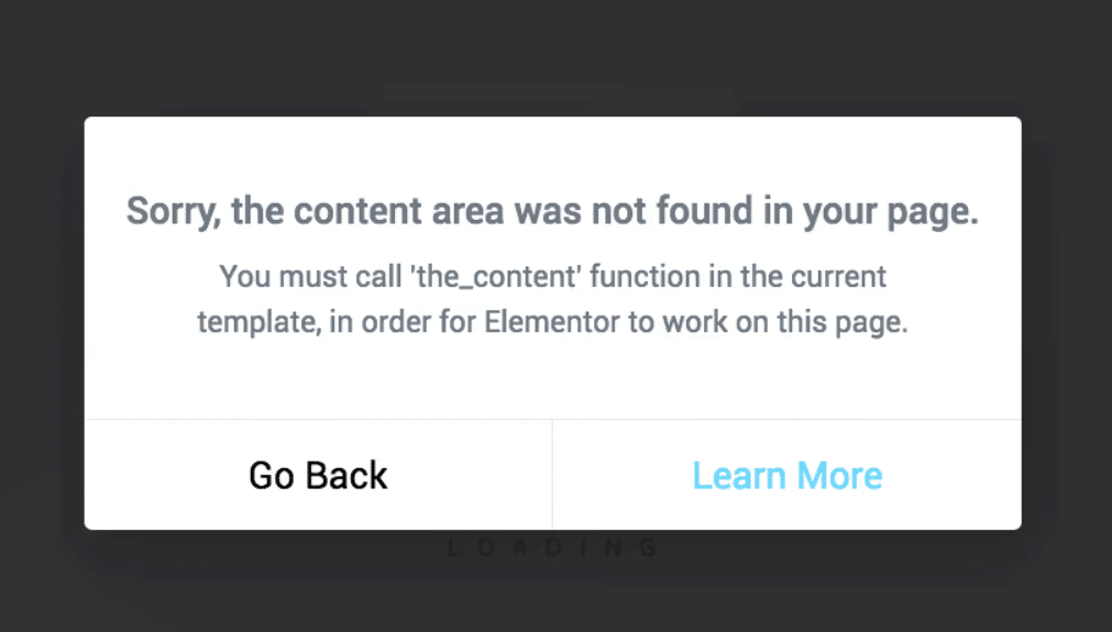 Captura de pantalla del mensaje de error de contenido de Elementor