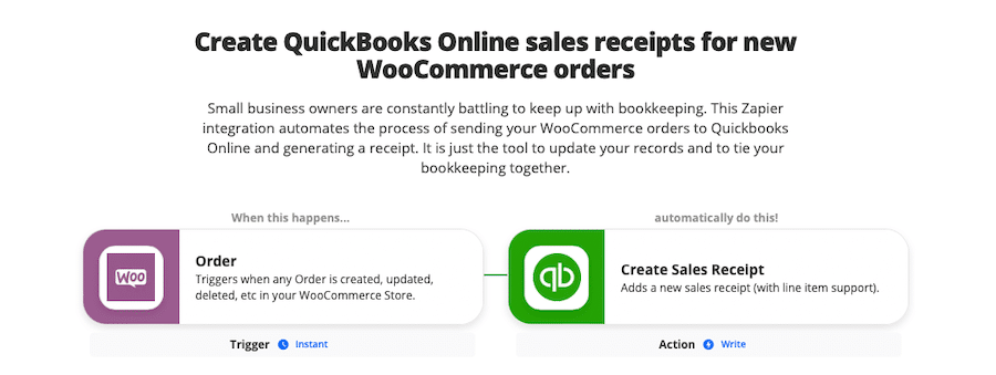 Créez des reçus de vente en ligne QuickBooks pour les nouvelles commandes WooCommerce.