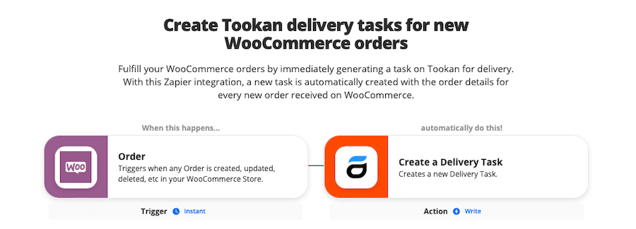 Integrazione zap per creare attività di consegna Tookan da nuovi ordini WooCommerce.
