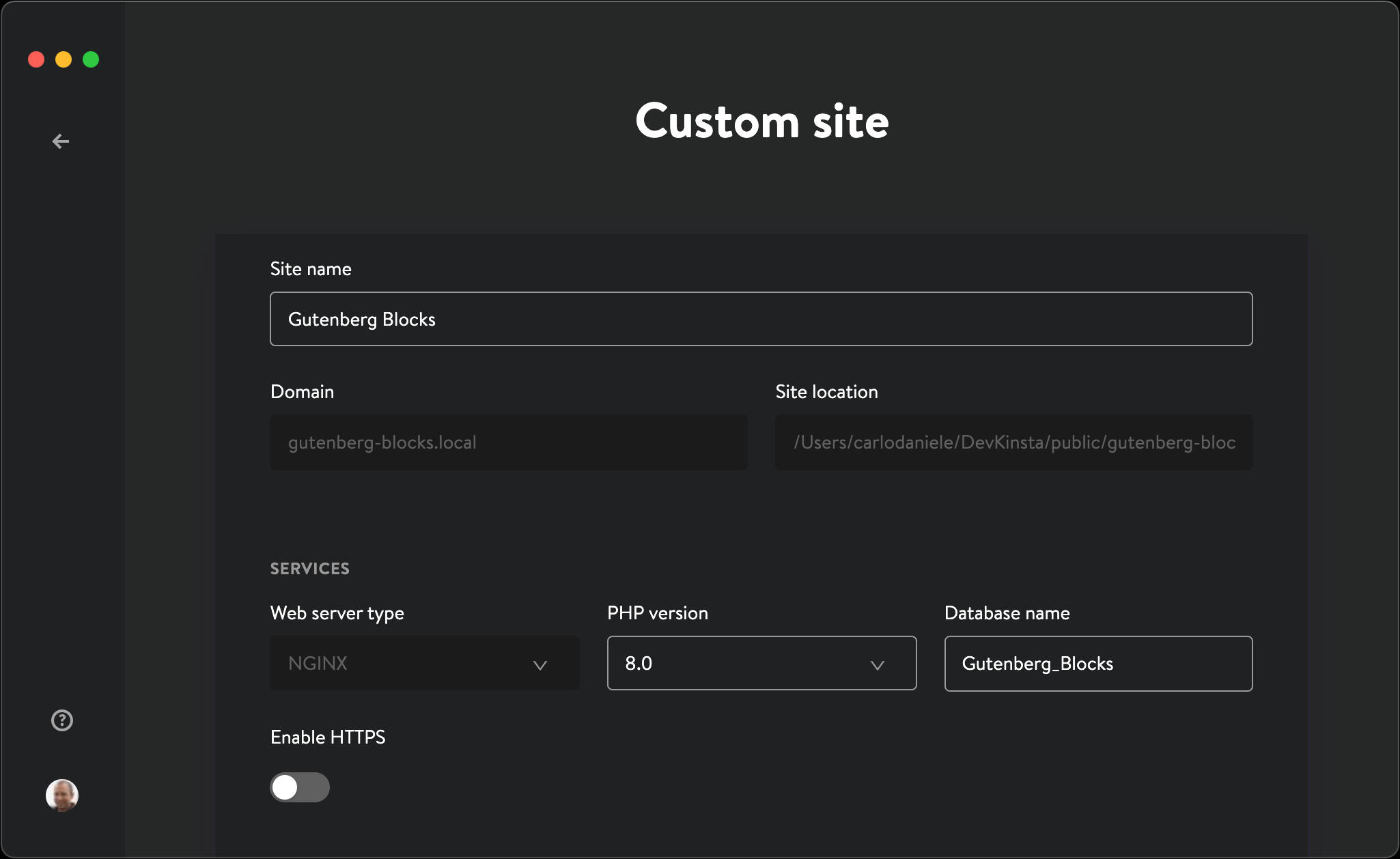 Creating a custom site in DevKinsta