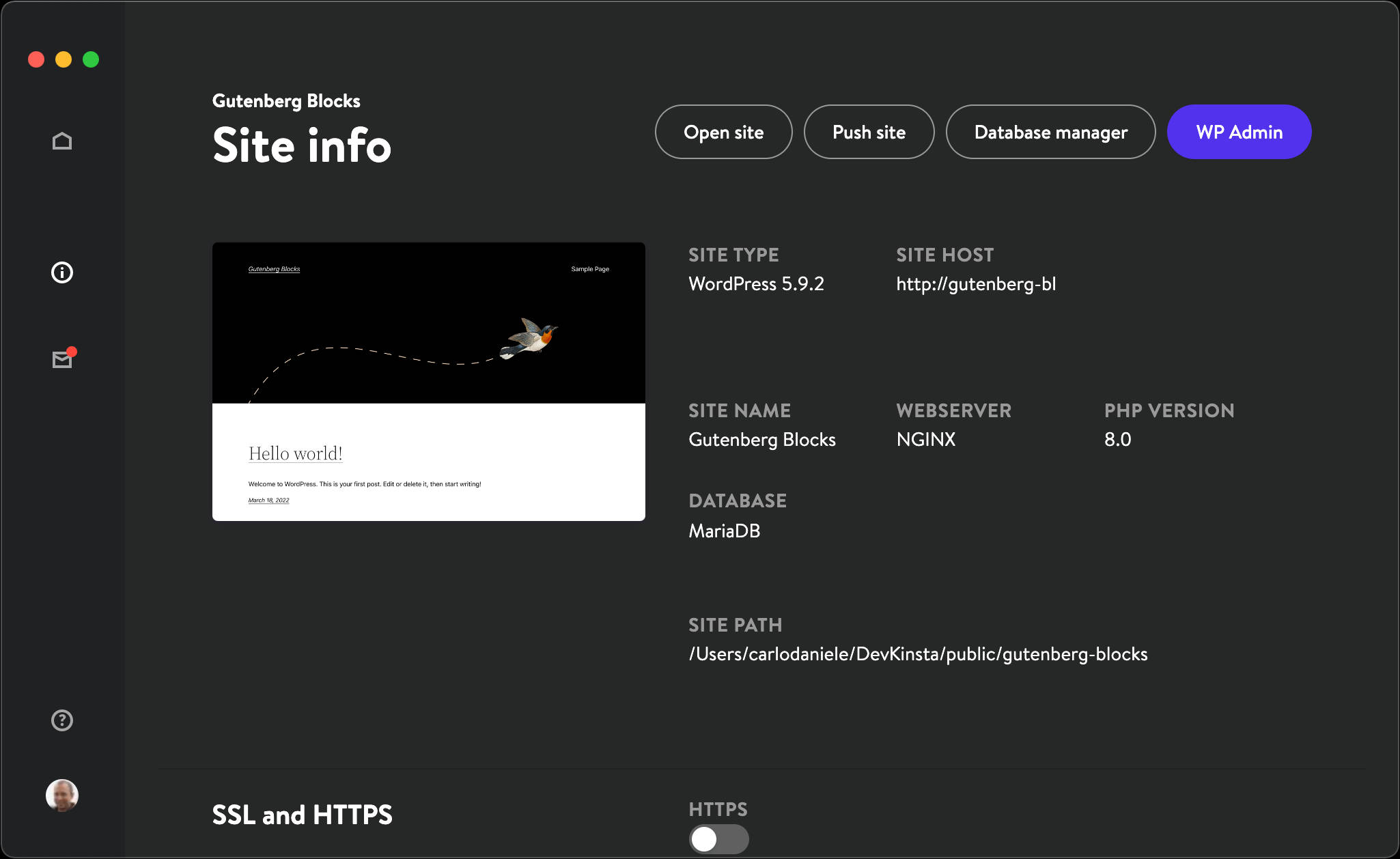 Site Info scherm in DevKinsta.