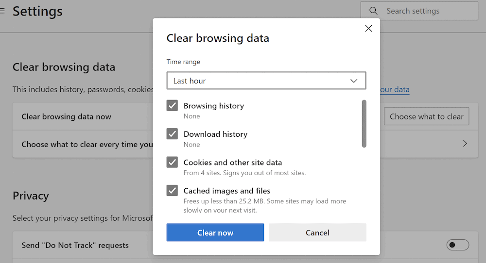 Edge's “Clear browsing data” menu, showing a number of choices selected with gray checkmarks, and two buttons that read “Cancel” and “Clear now” (in blue).