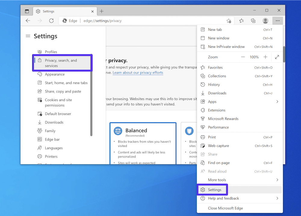 The Edge browser displaying the “Settings” menu link and the “Privacy, Search, and Services” links, both with a purple callout.