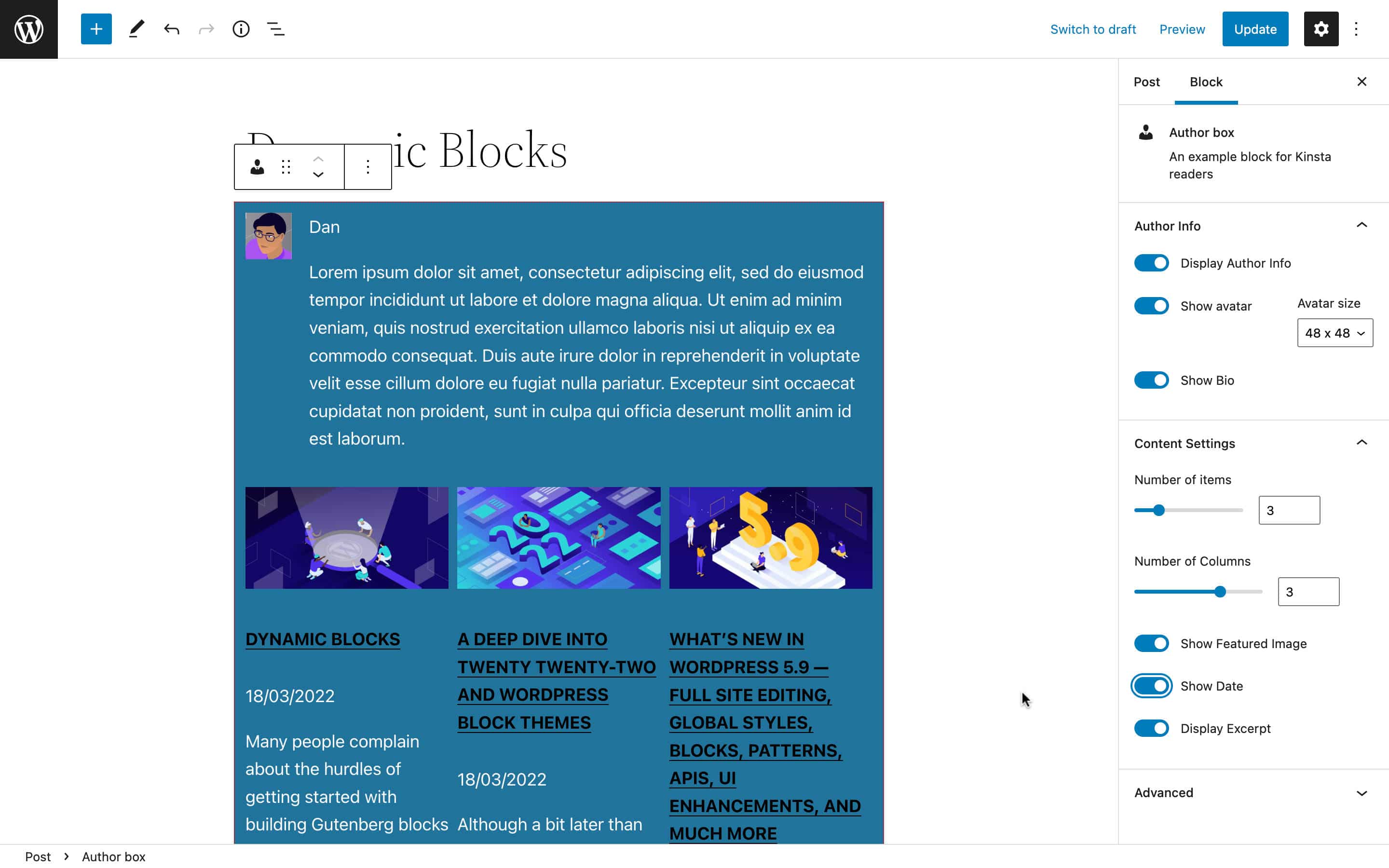 Il nostro blocco personalizzato nell'editor di blocchi.