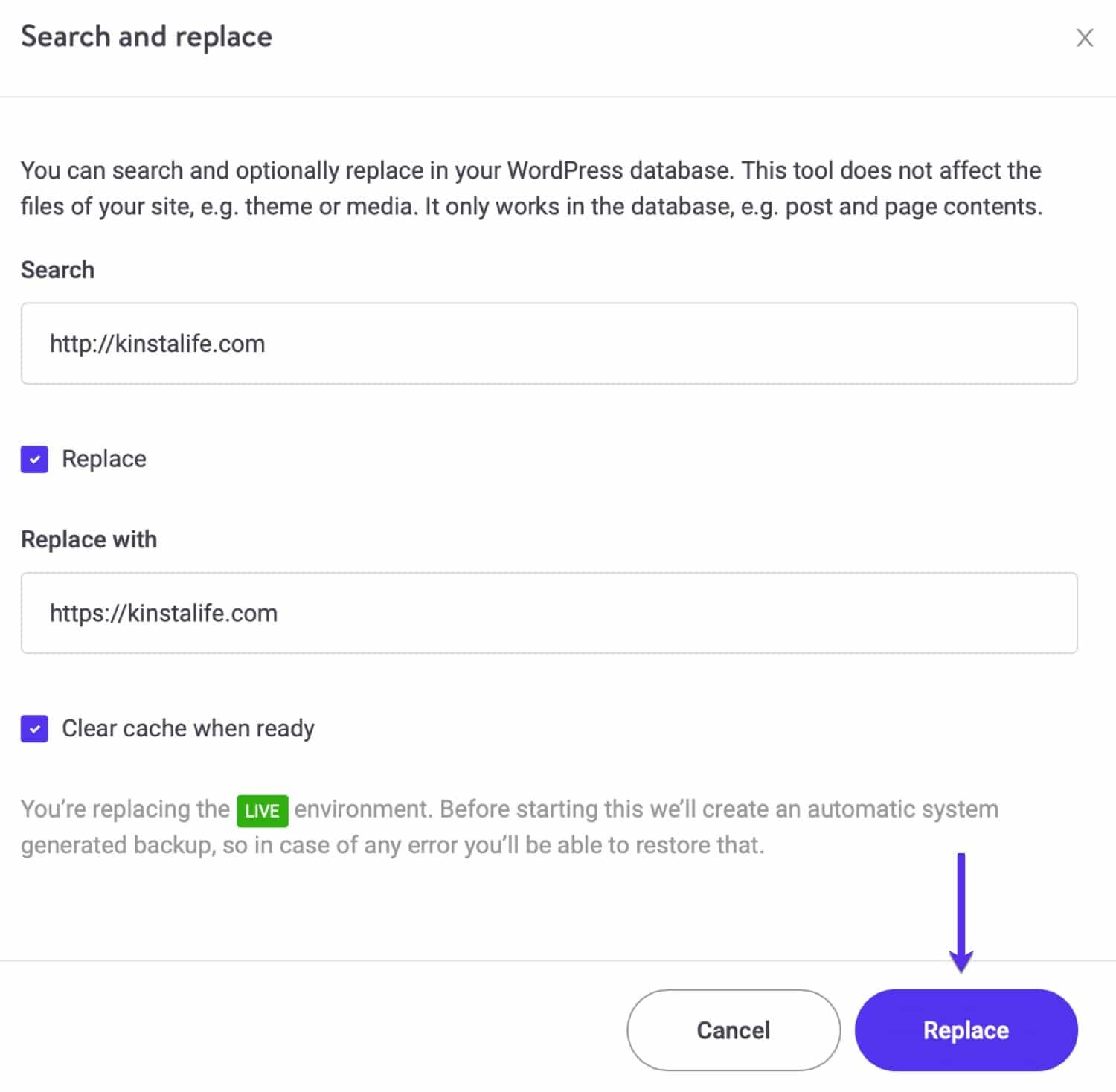 Using Kinsta's 'Search and replace' tool in MyKinsta.