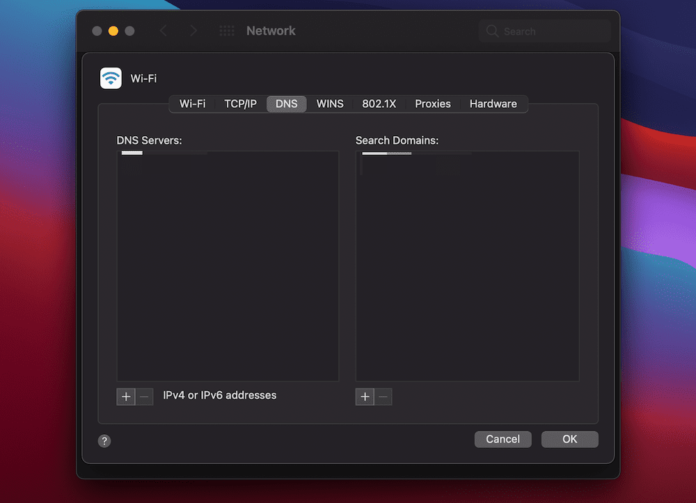 The macOS DNS panel, showing a list of DNS servers on the left, and search domains on the right. There are also buttons to add or remove addresses and values to the panel.