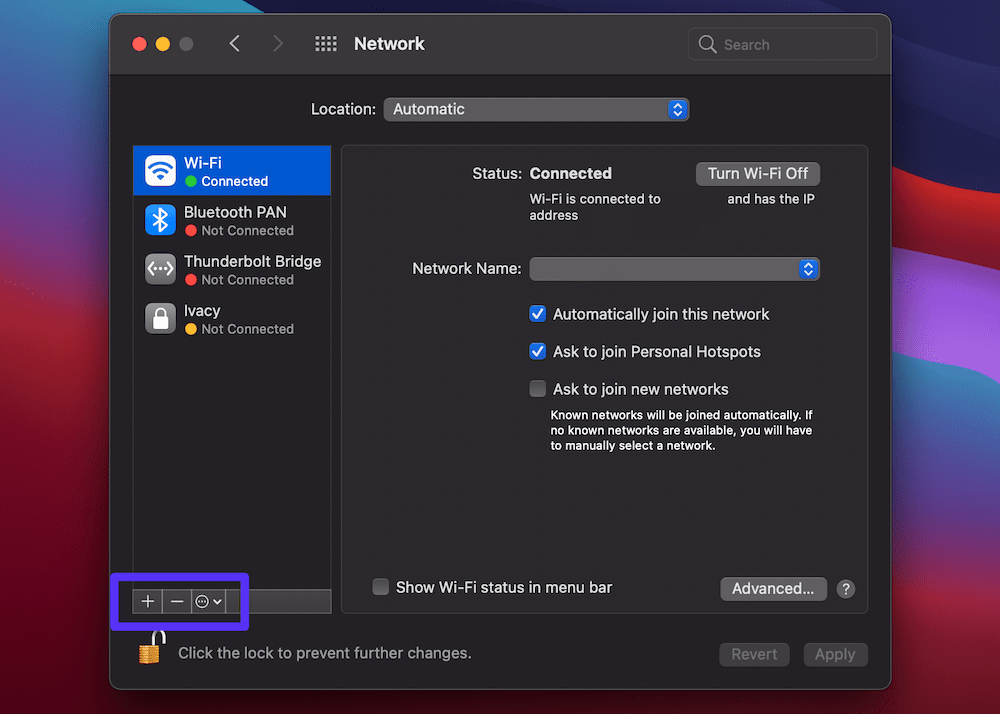 The macOS Network screen, with a network highlighted, and a purple callout surrounding the “Plus” and “Minus” icons.
