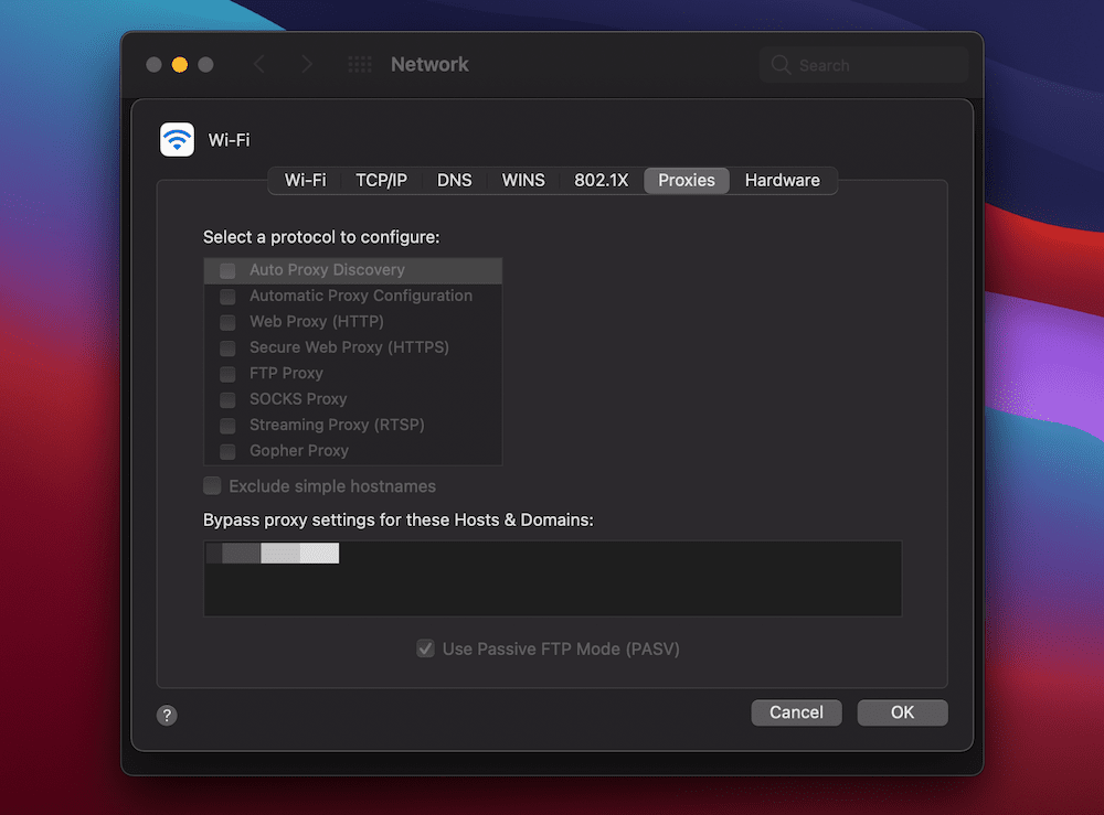 The macOS Proxies panel, showing a list of unchecked proxy settings on the left-hand side, a section to bypass proxies for certain IP addresses, and buttons to cancel and confirm changes.