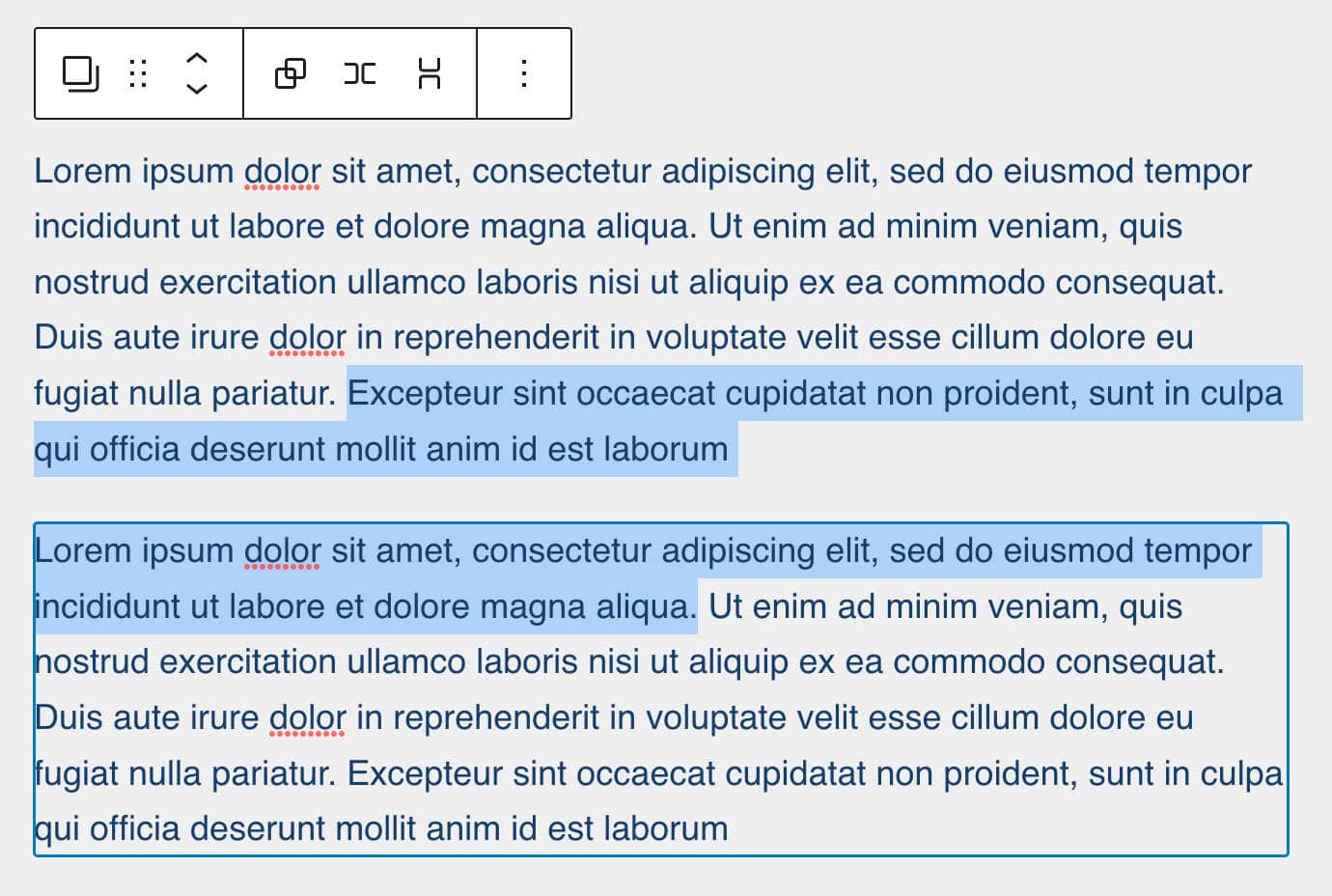 A screenshot showing text selection across two paragraphs.