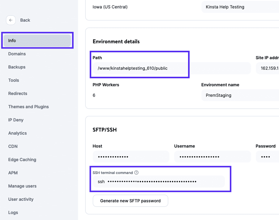 Public path and SSH details in MyKinsta.