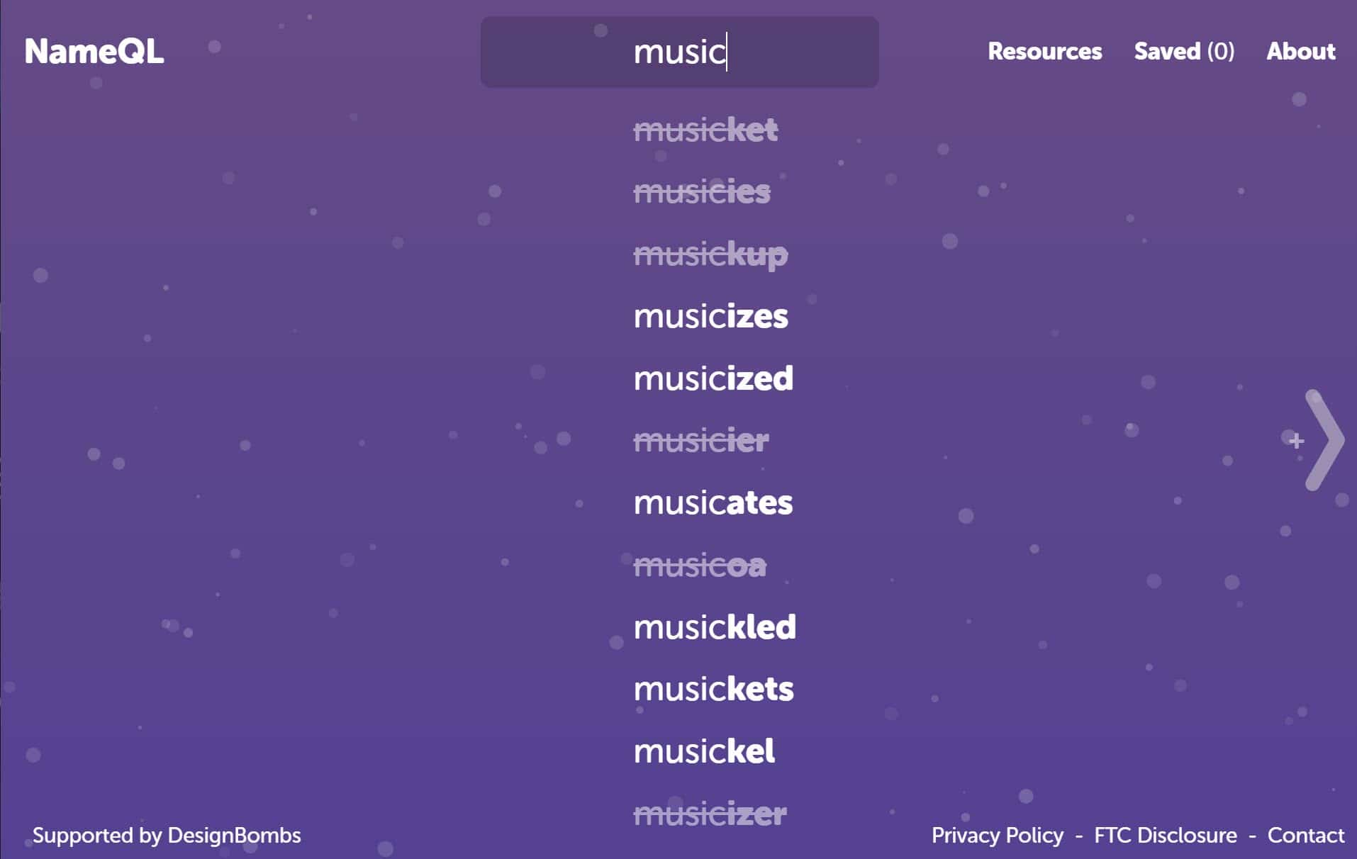 A search for the word "music" and the results show on the NameQL homepage.