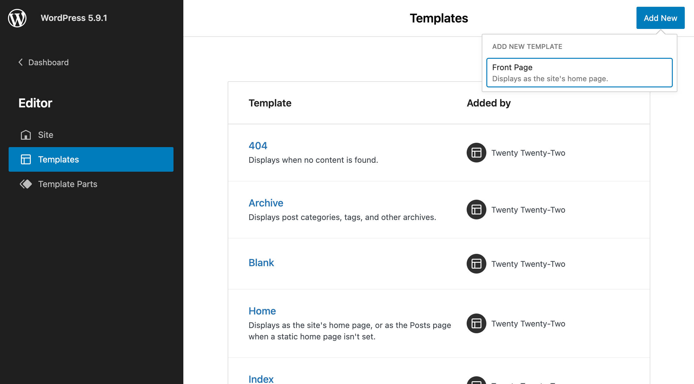 A screenshot showing templates in WordPress 5.9.