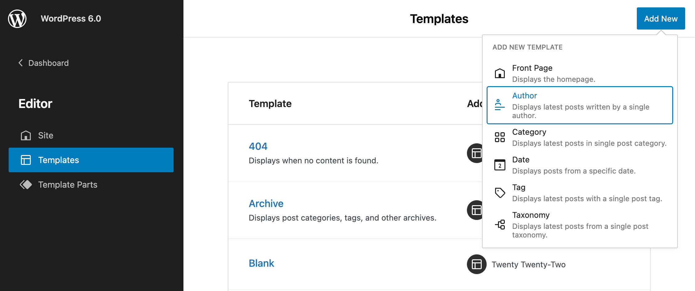A screenshot showing templates in WordPress 6.0.
