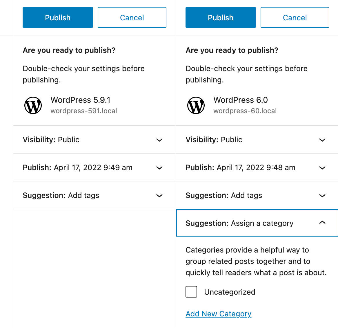 Painel de Publicação de artigo no WordPress 5.9 vs. 6.0.