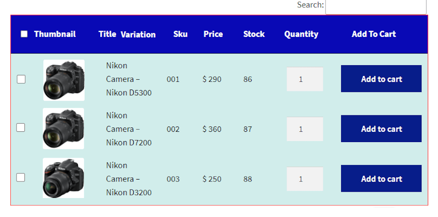 Screenshot dell’estensione Product Variations Table for WooCommerce. 