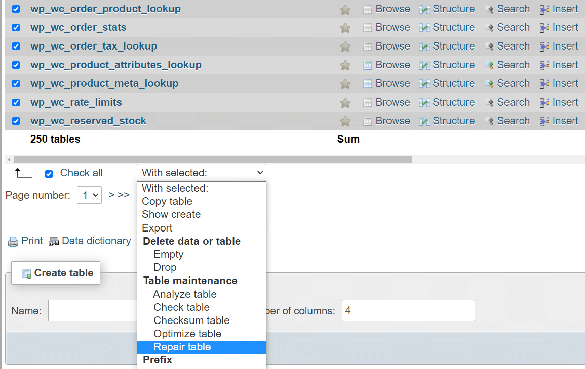 Opción Reparar tabla