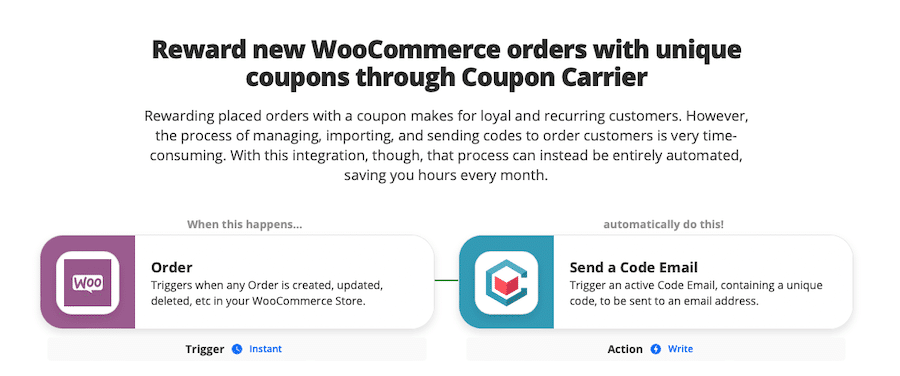 Récompensez les nouvelles commandes WooCommerce avec des coupons uniques grâce à Coupon Carrier.