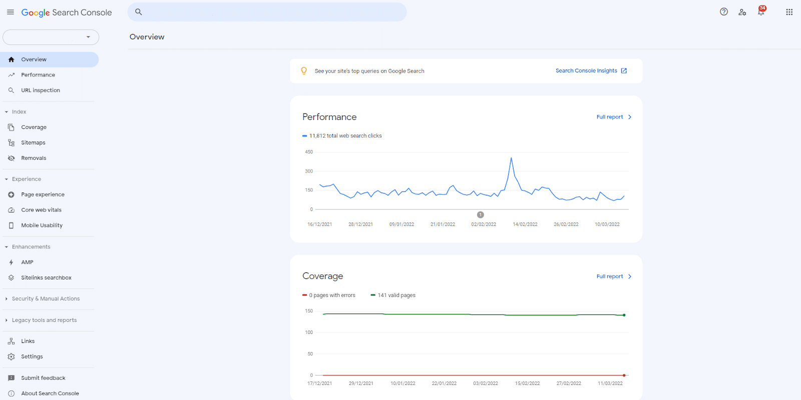 Inside Google Search Console's overview page