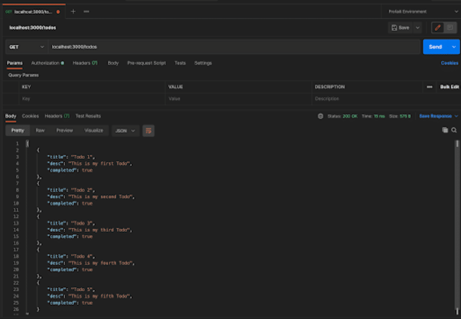 A screenshot of a UX for testing the Express.js API, showing the results from a run test.