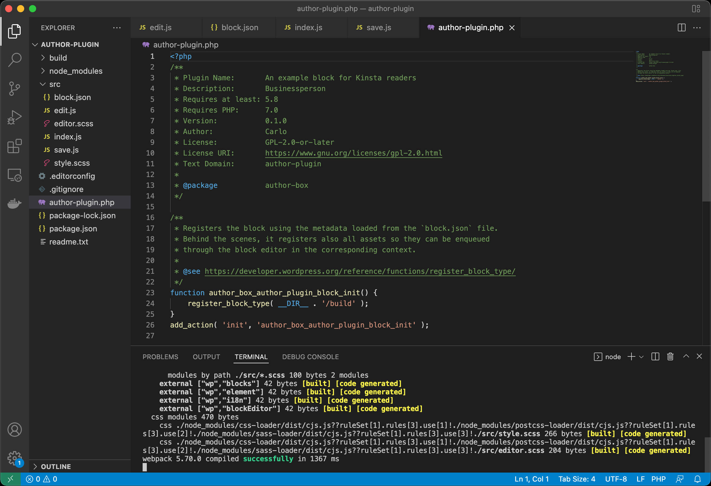 O projeto de plugin de bloco no Visual Studio Code.