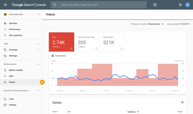 Onde encontrar vídeos no Google Search Console