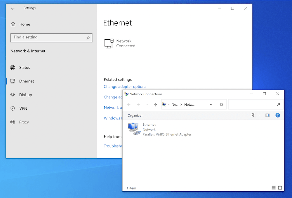 Two windows showing the “Ethernet” settings screen and the “Change adapter options” link and window. Within is an icon denoting a connection to the network.