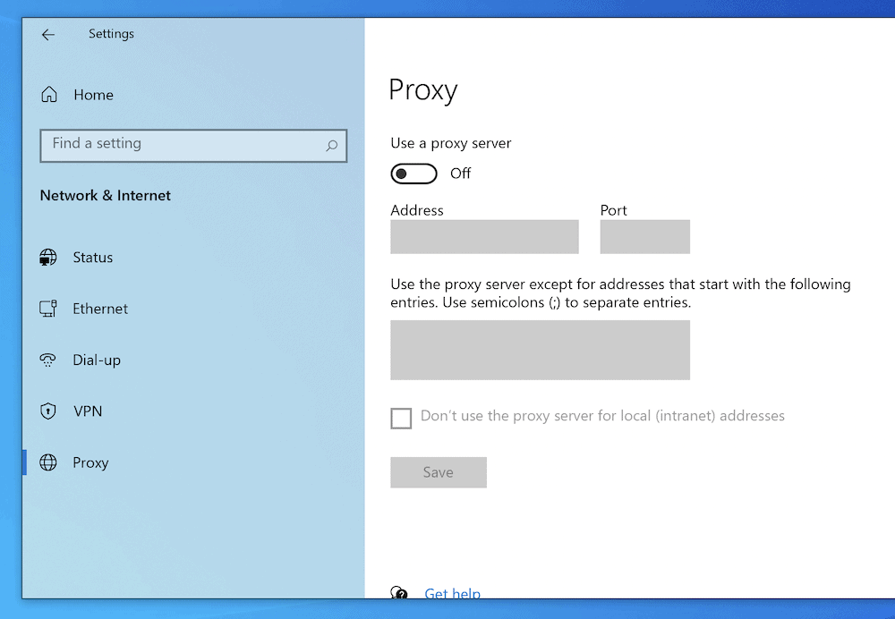 The Windows “Proxy” panel, showing a number of blank fields for proxy settings, and a “Use a proxy server” button that's toggled to the “Off” setting.