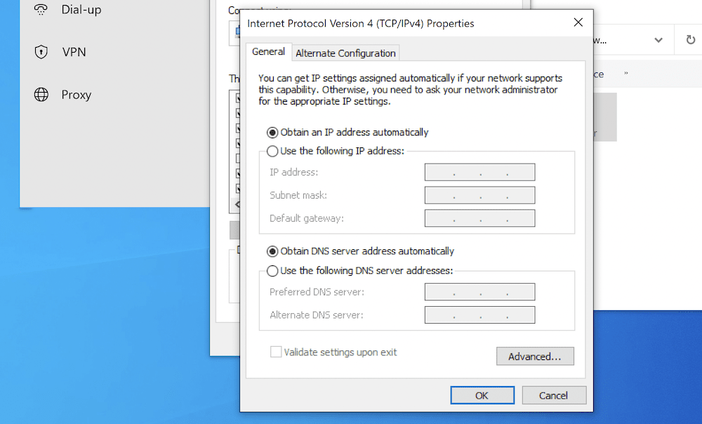 The Windows IPv4 Properties screen, showing a number of radio buttons and fields to enter in a new IP and DNS address, along with “Advanced,” “OK,” and “Cancel” buttons.