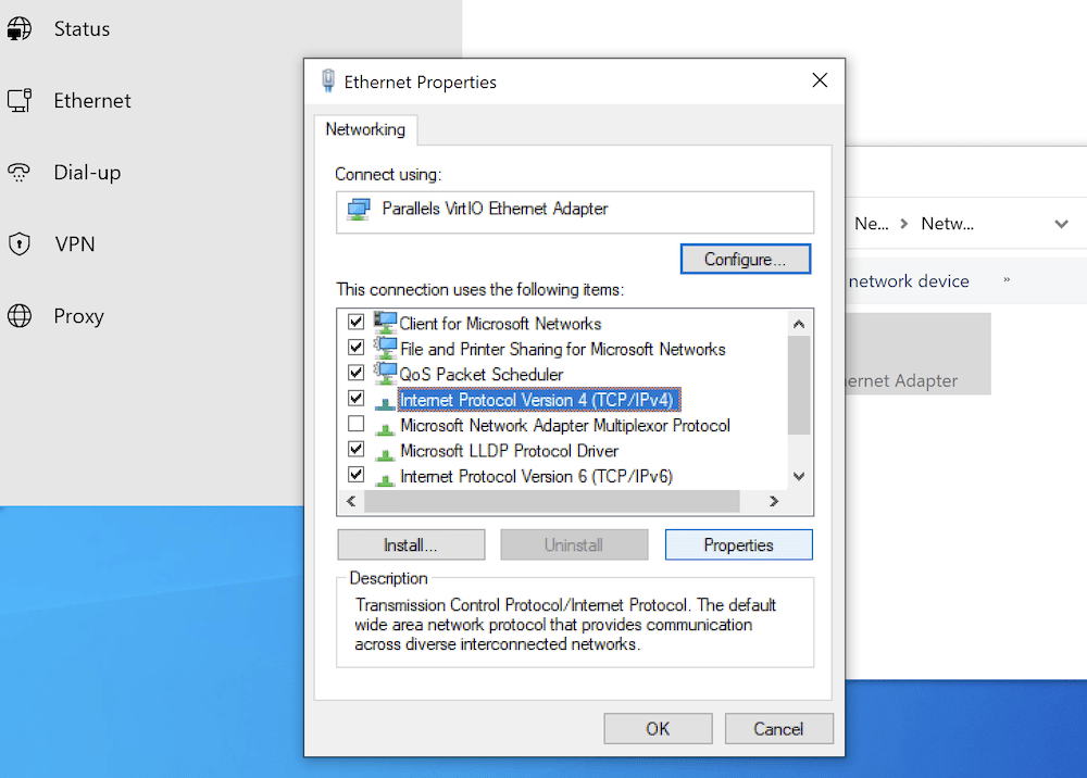 La pantalla de propiedades de Ethernet de Windows, que muestra las conexiones que un ordenador utiliza para Internet, y una selección de botones para instalar, desinstalar y ver las propiedades de la conexión.