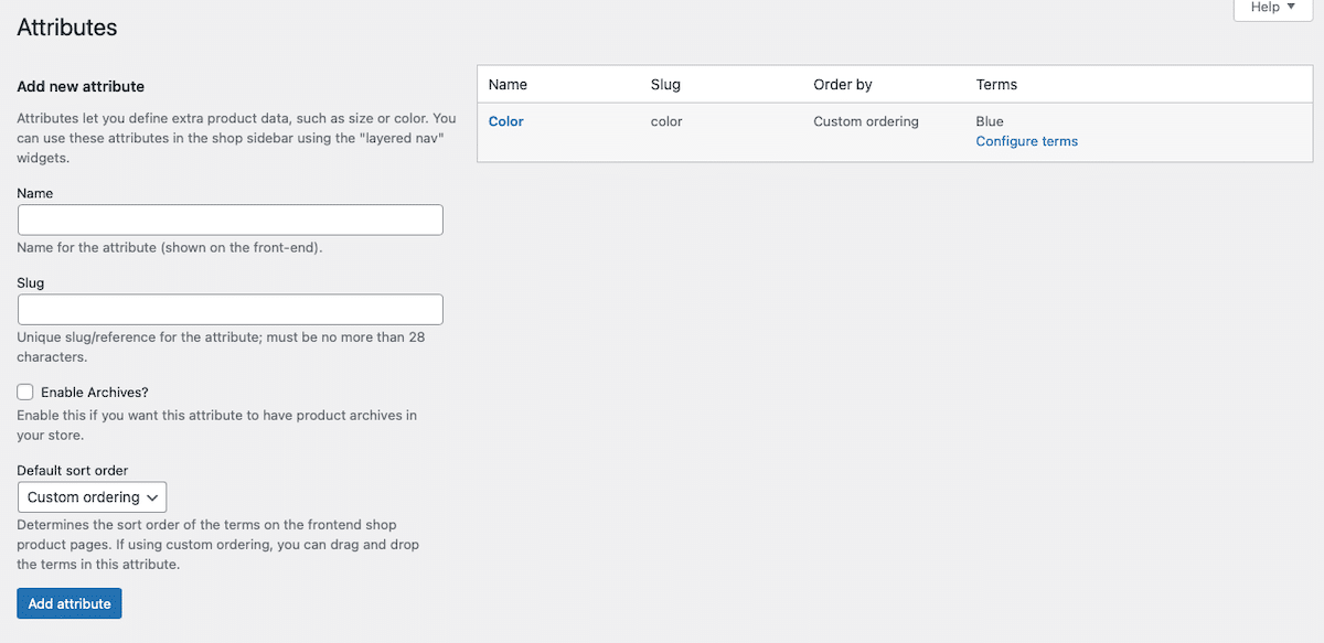 Schermata Attributes di WooCommerce. 