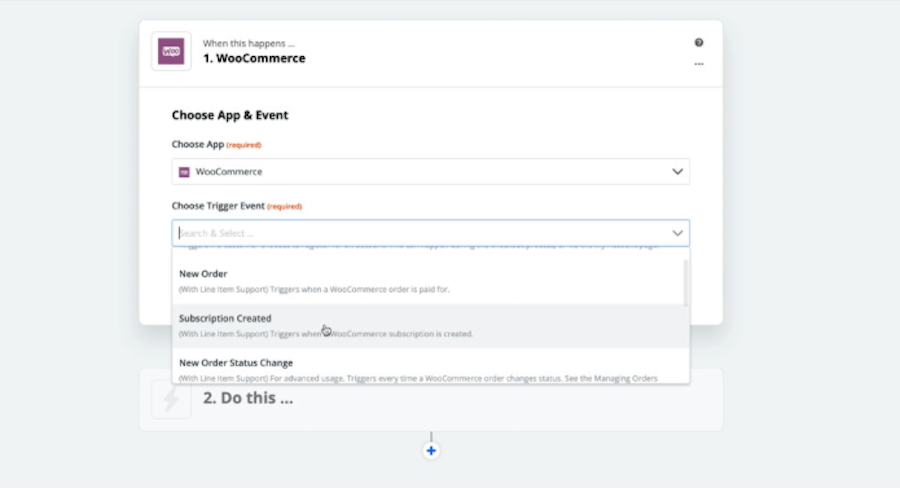 Schermata per selezionare un evento trigger in Zapier.