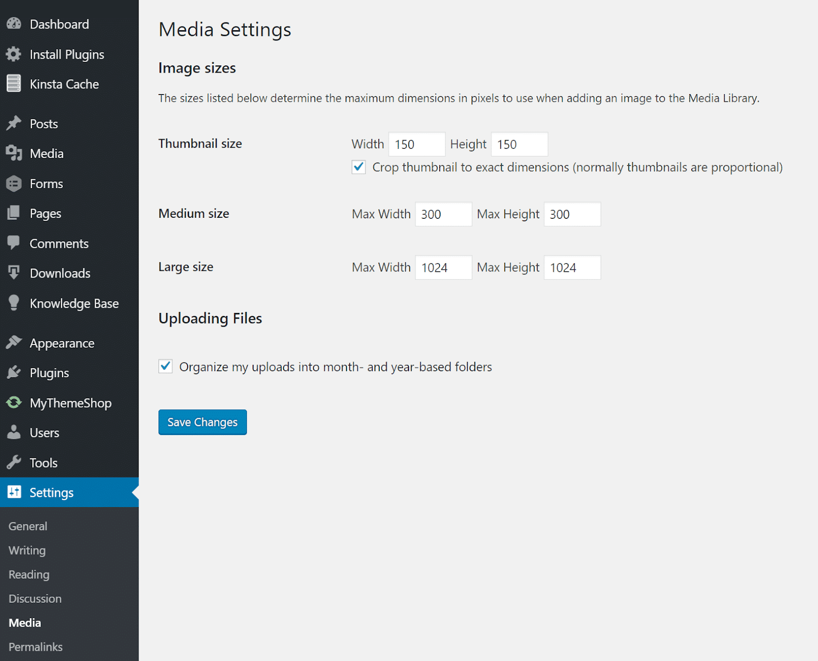 Einstellen der Bildgrößen in den WordPress Medieneinstellungen.