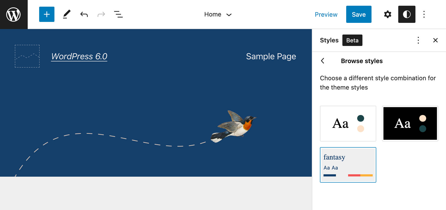 Una schermata che mostra il pannello Sfoglia stili in WordPress 6.0.