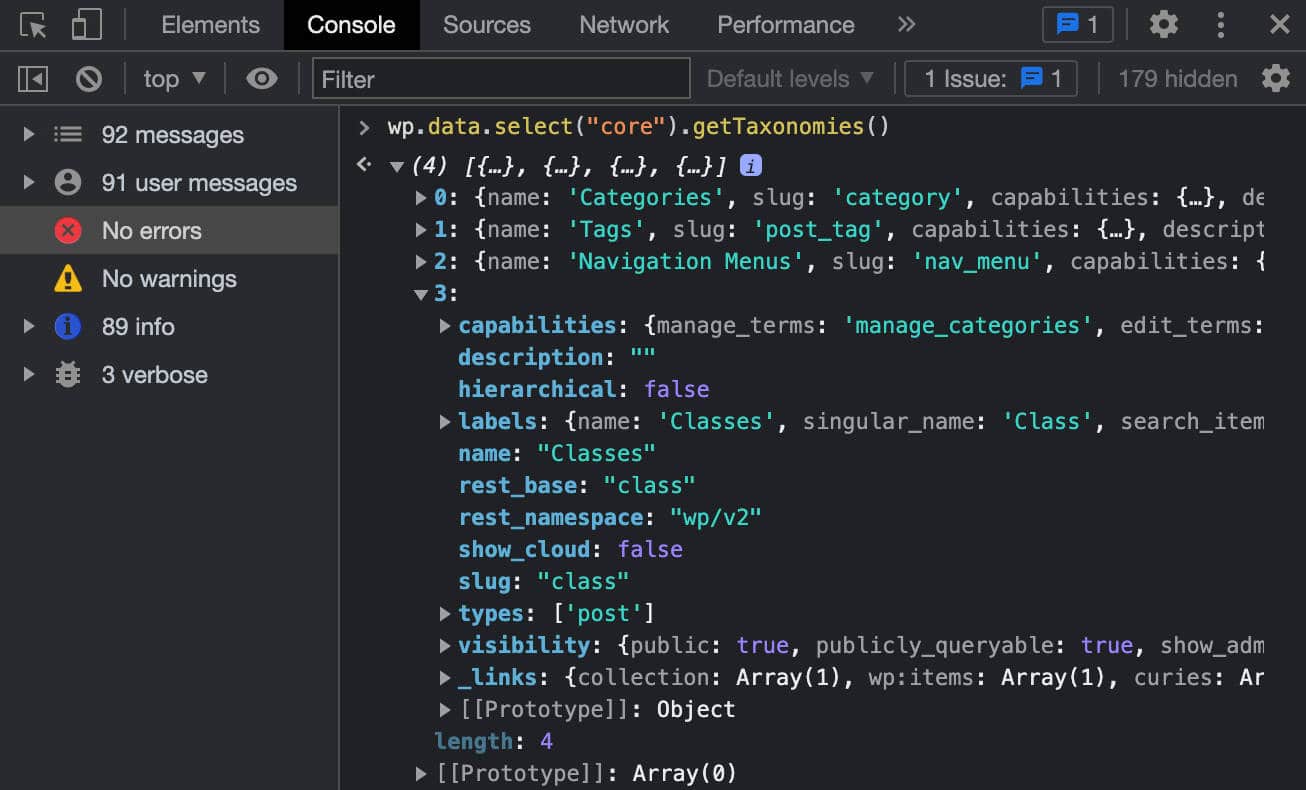 Inspecionando a resposta getTaxonomies.