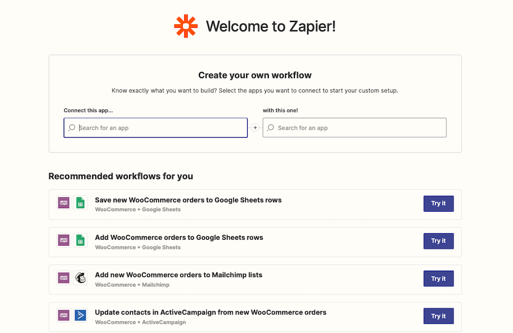 Schermata di benvenuto a Zapier con la bacheca in cui sono contenute le raccomandazioni di workflow WooCommerce.