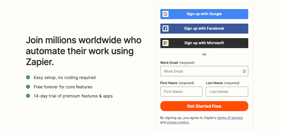 Schermata di registrazione sul sito Zapier.