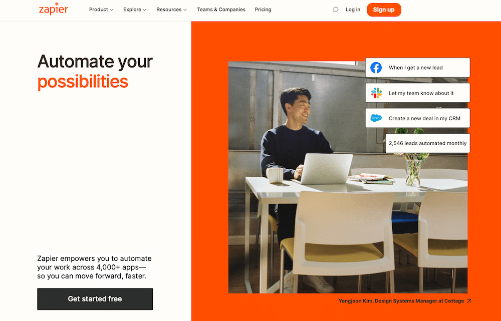 Homepage di Zapier con il motto Automate your possibilities