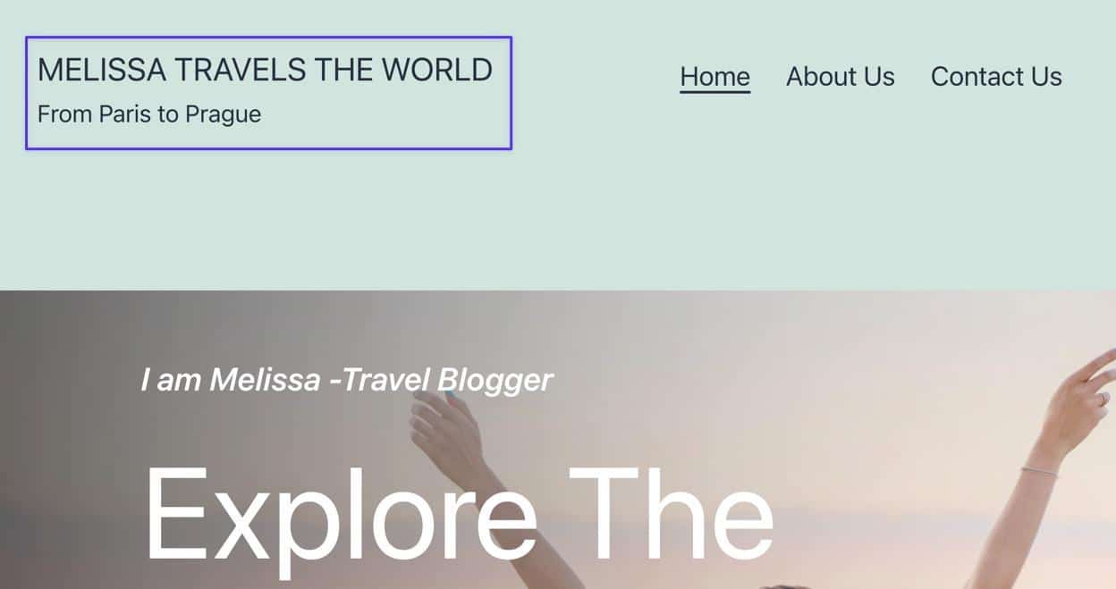 Vista del frontend di un sito WordPress in cui il titolo è diventato Melissa Travels the World dopo le modifiche al codice nel file functions.php file