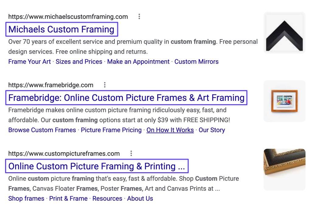 Schermata della SERP di Google in cui compaiono 3 siti dedicati alla vendita di cornici e i loro titoli composti in modo diverso