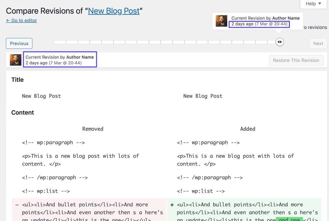 Schermata del backend della sezione Revisioni di un articolo WordPress con le informazioni sulle ultime revisioni fatte sull’articolo