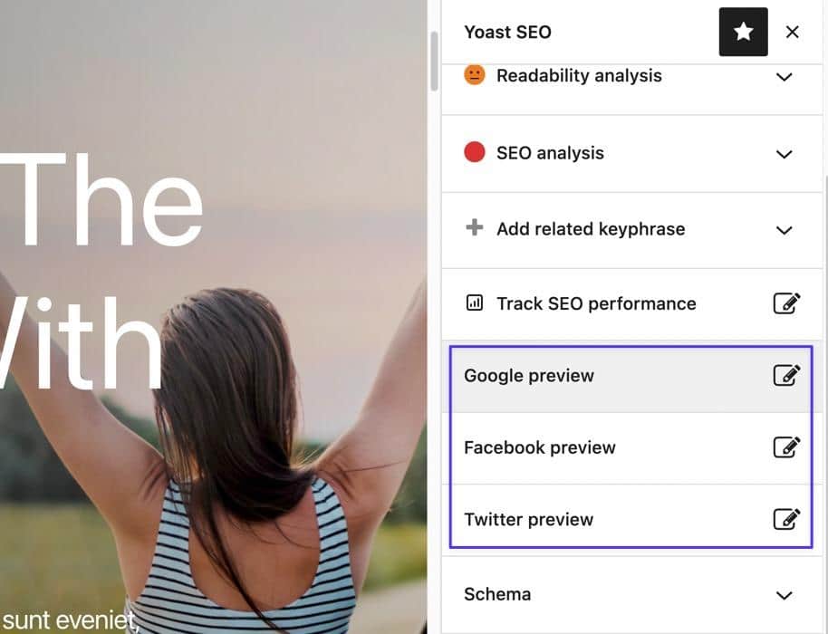 Schermata del menu laterale destro dell’editor WordPress e dell’area Yoast SEO in cui è evidenziato il pulsante Google Preview