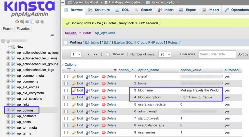 Schermata di phpMyAdmin aperto da Kinsta in cui è evidenziata la voce Edit the "blogname" dentro wp_options
