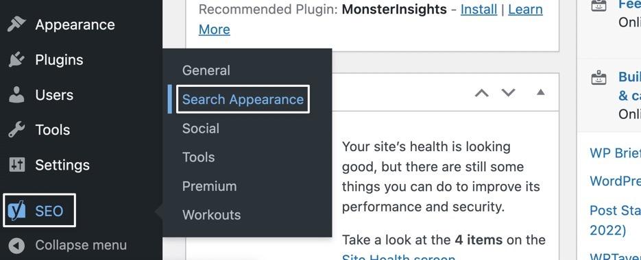 Schermata del menu laterale del backend di WordPress in cui sono selezionate le voci SEO e Aspetto della ricerca
