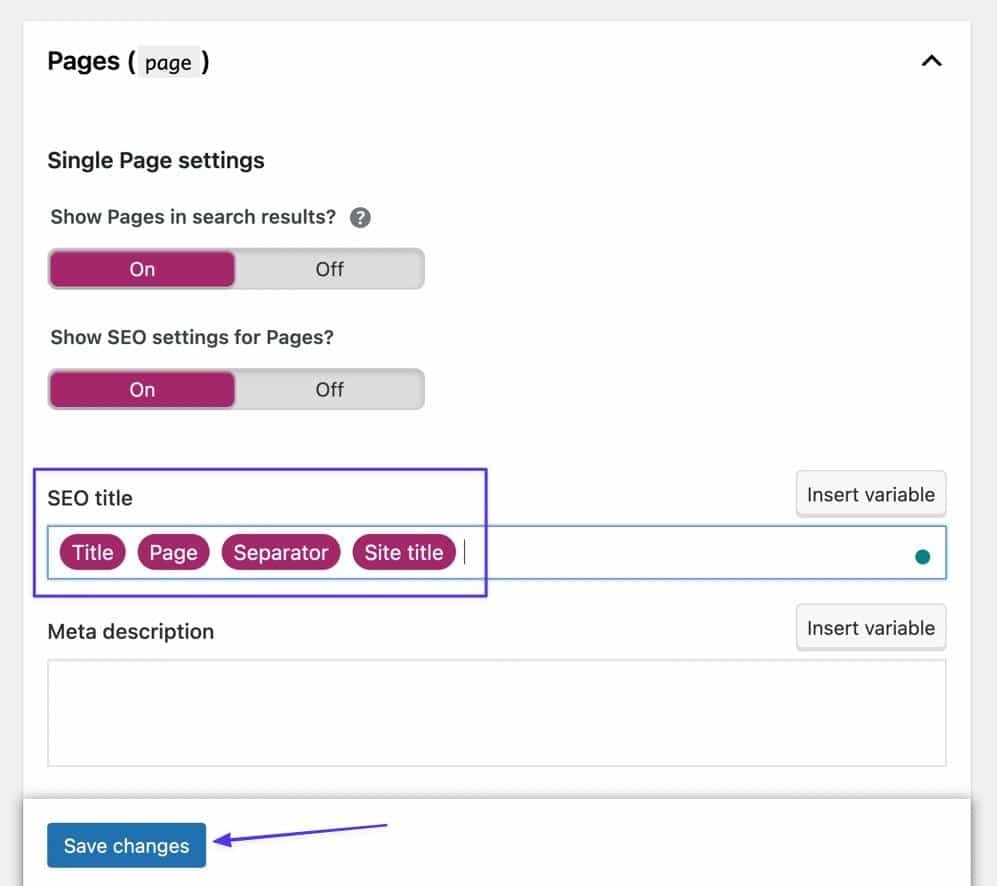 Schermata delle impostazioni di Pagina del plugin Yoast in cui sono evidenziati il campo SEO title e il pulsante Save Changes