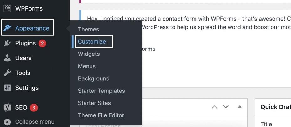 Schermata del menu laterale nel backend WordPress in cui sono evidenziate le voci Aspetto e Personalizza