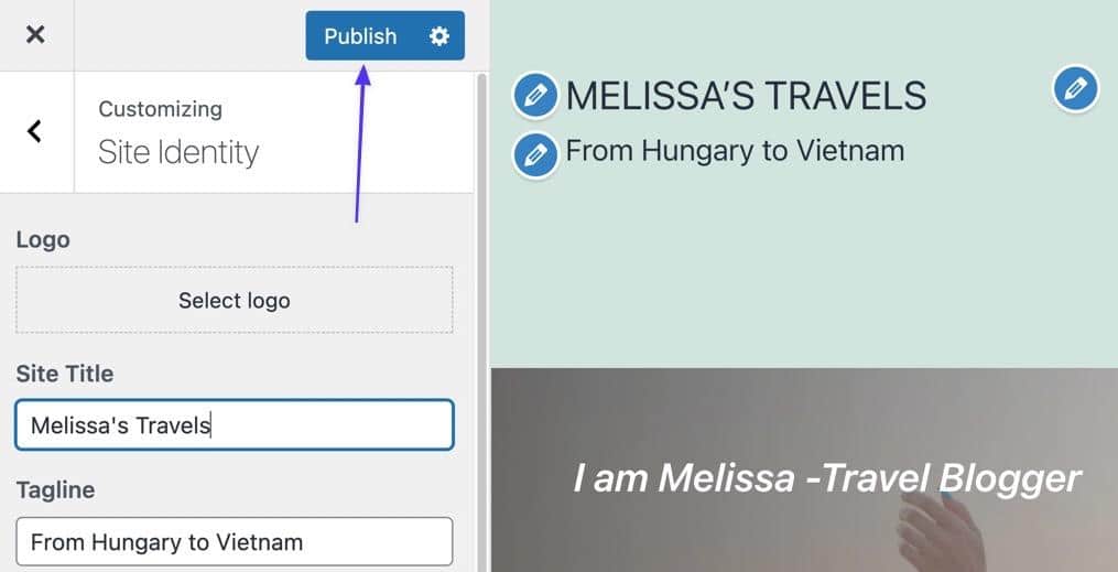 Schermata della sezione Site Identity nel Personalizza di WordPress in cui è evidenziato il pulsante Publish