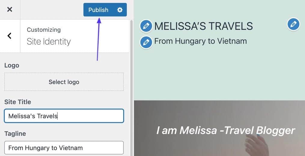 Click the Publish button to save changes to your site