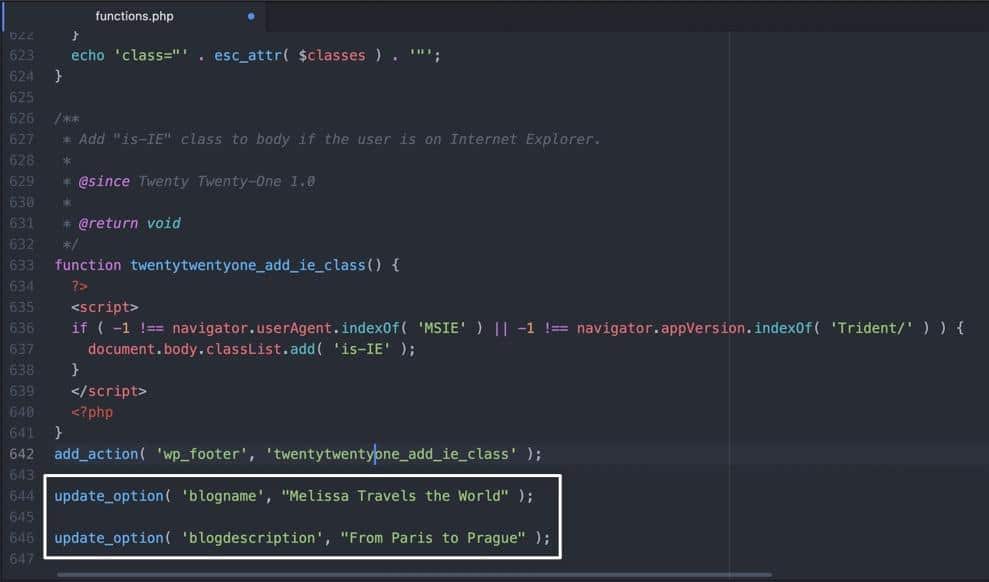 Code collé dans functions.php