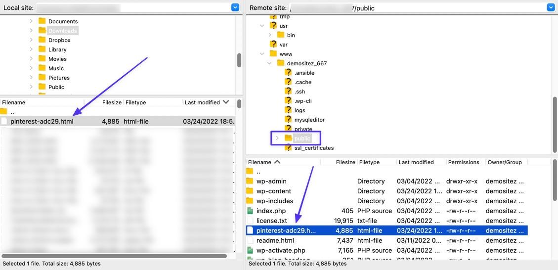 Trascinate il file HTML di Pinterest dal server locale (il vostro computer) alla cartella principale del server host (sito remoto)