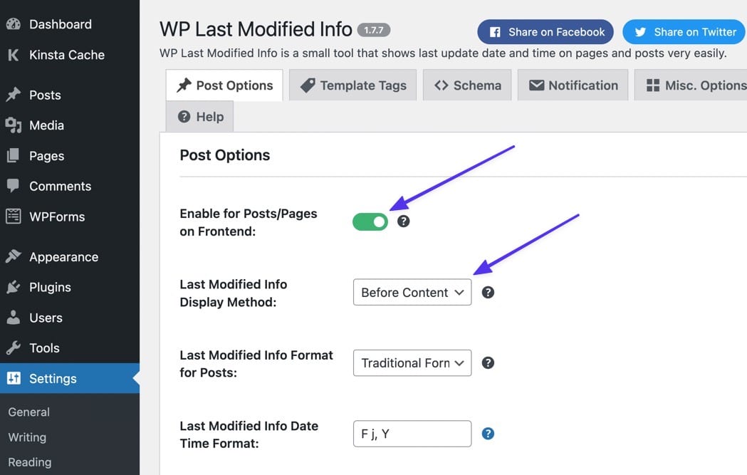 Backend del plugin WP Last Modified Info che potete attivare per articoli e pagine con l’opzione Enable for Posts and Pages on the frontend